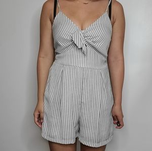 white romper with gray / blueish stripes
